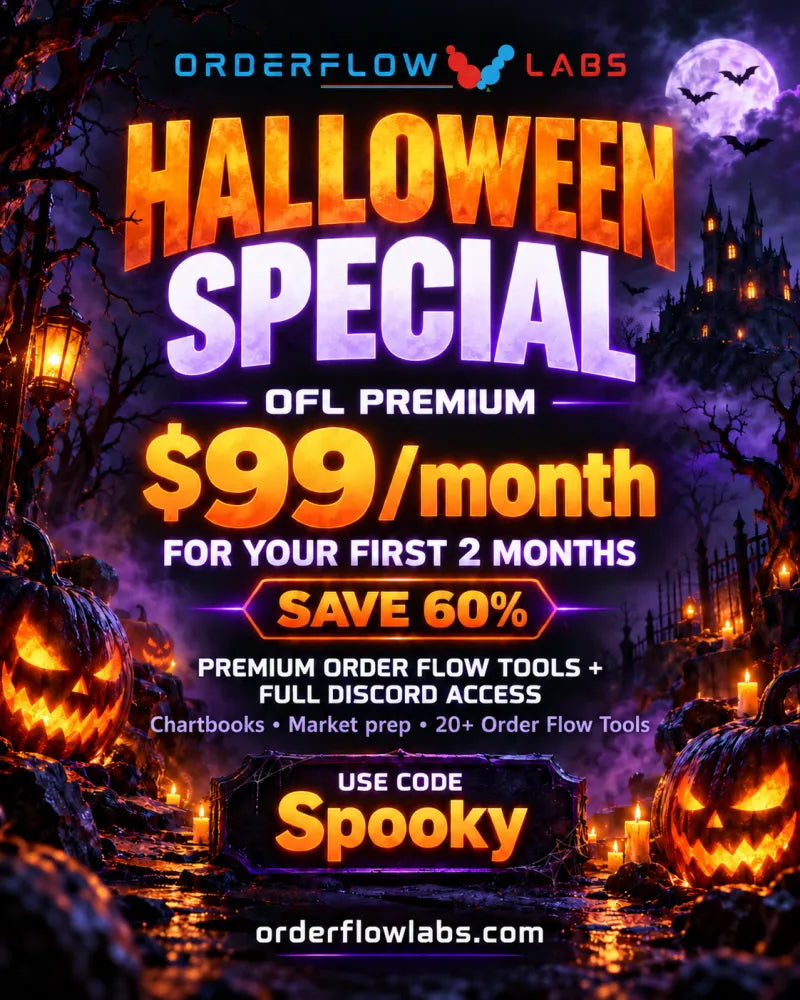 Halloween Special. OFL Premium, $99 per month for your first 2 months. Save 60%. Premium order flow tools plus full Discord access: chartbooks, market prep, 20+ order flow tools. Use code Spooky.